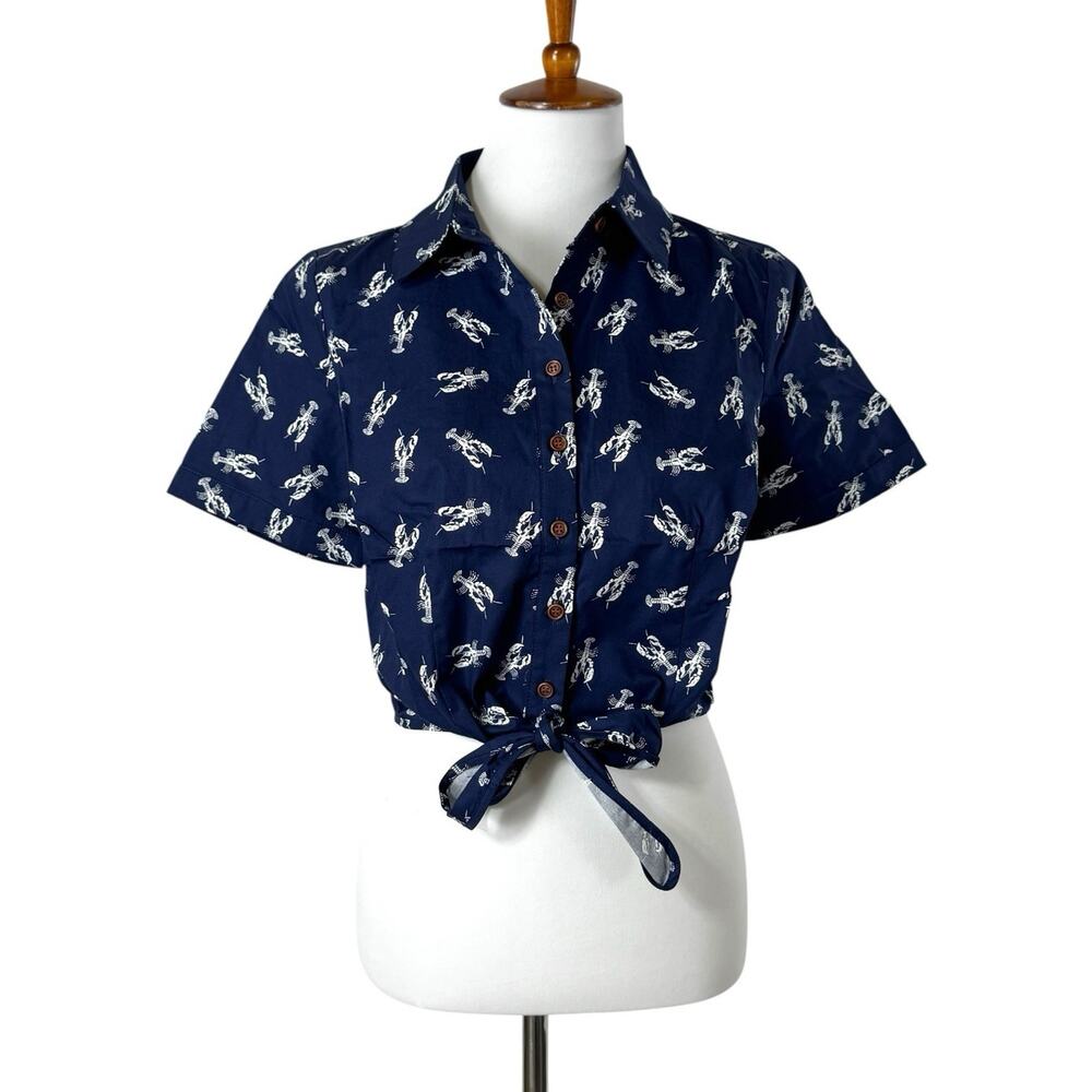 Collectif Sammy Lobster Tie-Front Crop Top Shirt Navy Blue Women’s Medium NEW